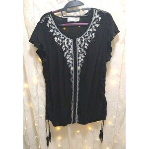 TIME AND TRU WOMENS 3XL 22 BLACK BLOUSE BOHEMIAN FOLK RUFFLED SLEEVE TASSLE HEM